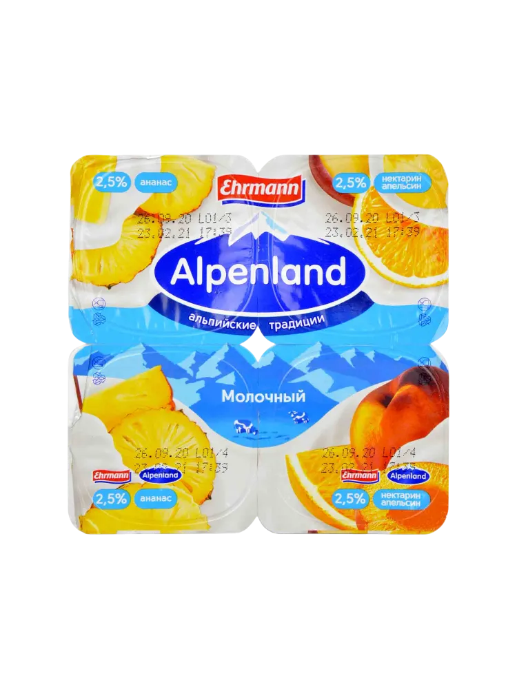 ЙОГУРТ ALPENLAND МОЛОЧНЫЙ 95Г 2.5% АНАНАС/НЕКТАРИН/АПЕЛЬСИН