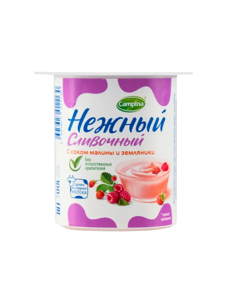 ЙОГУРТ CAMPINA НЕЖНЫЙ СЛИВ 100Г 5% С СОКОМ МАЛИНЫ/ЗЕМЛЯНИКИ