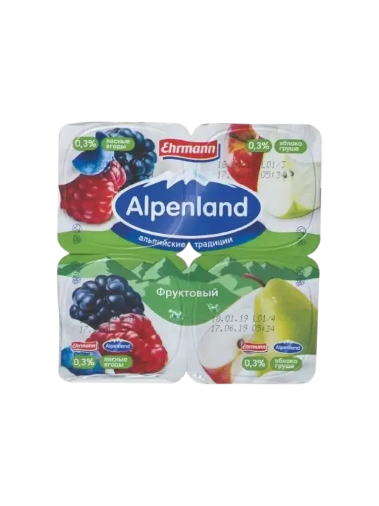 ЙОГУРТ ALPENLAND ФРУКТОВЫЙ 95Г 0.3% ЛЕСНАЯ ЯГОДА/ЯБЛОКО/ГРУША