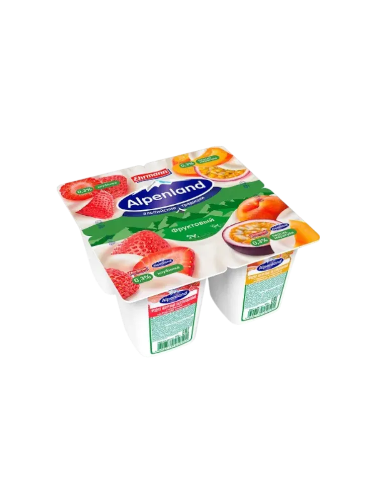 ЙОГУРТ ALPENLAND ФРУКТОВЫЙ 95Г 0.3% КЛУБНИКА/ПЕРСИК/МАРАКУЙЯ