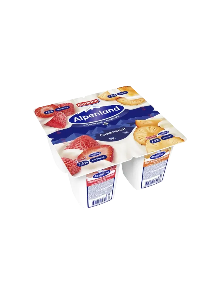 ЙОГУРТ ALPENLAND СЛИВОЧНЫЙ 95Г 7.5% КЛУБНИКА/АНАНАС