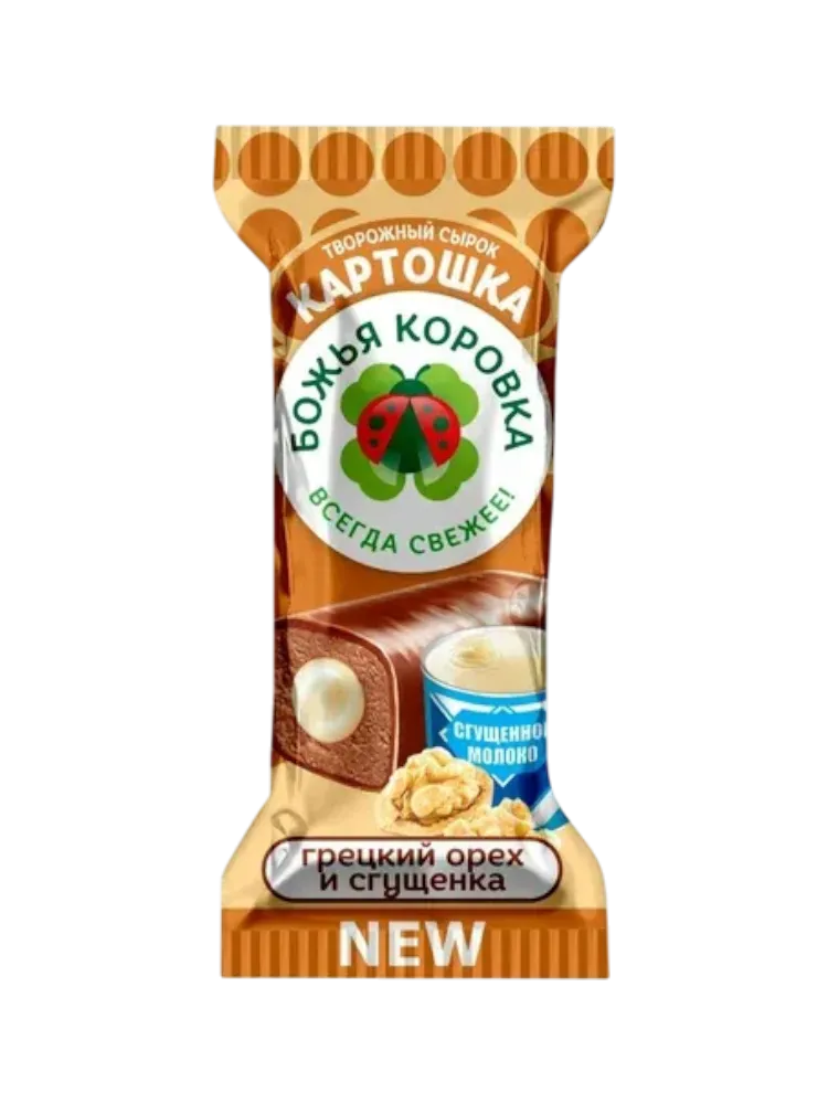 СЫРОК ГЛАЗИРОВАННЫЙ БОЖЬЯ КОРОВКА 40Г КАРТОШКА ГРЕЦКИЙ ОРЕХ И СГУЩ МОЛОКО
