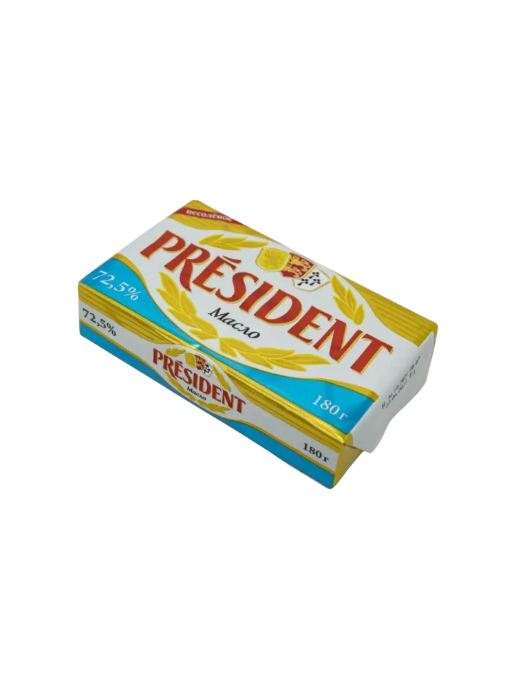 МАСЛО PRESIDENT 180Г 72,5% ПЛ/С КИСЛОСЛИВОЧНОЕ НЕСОЛЕНОЕ ВЫСШИЙ СОРТ 