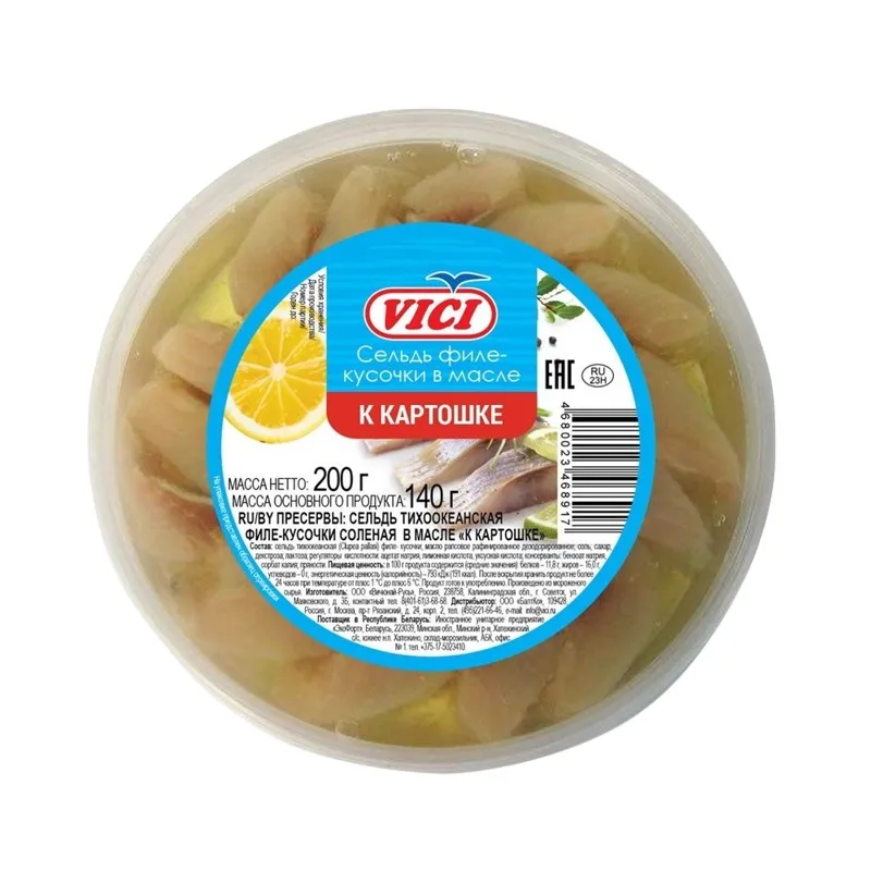 РЫБА СЕЛЬДЬ VICI 200Г ТИХООКЕАНСКАЯ В/М С ПРЯНОСТЯМИ К КАРТОШКЕ