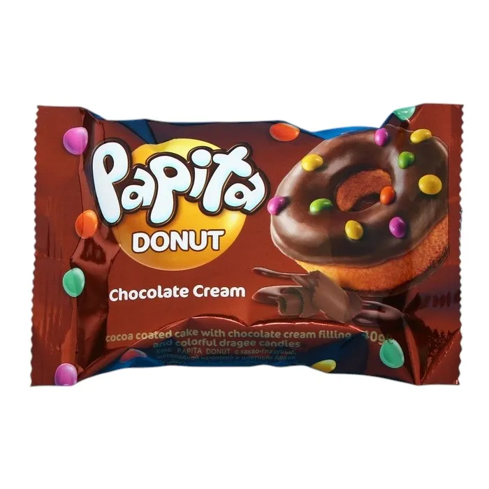 КЕКС PAPITA DONUT В КАКАО ГЛАЗУРИ С ШОКОЛАДНОЙ НАЧИНКОЙ И ЦВЕТНЫМ ДРАЖЕ 40Г