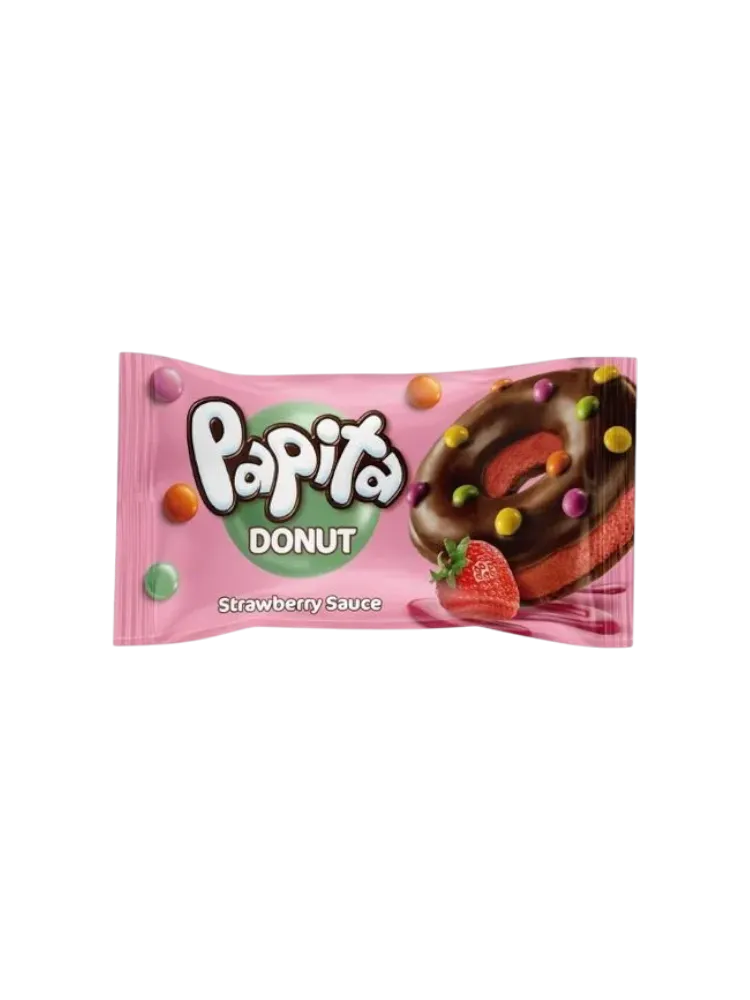 КЕКС PAPITA DONUT В КАКАО ГЛАЗУРИ С КЛУБНИЧНОЙ НАЧИНКОЙ И ЦВЕТНЫМ ДРАЖЕ 40Г