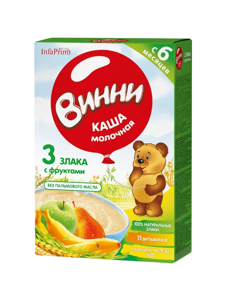 КАША ВИННИ МОЛ 200Г 3 ЗЛАКА С ФРУКТАМИ С ПРЕБИОТИКАМИ 
