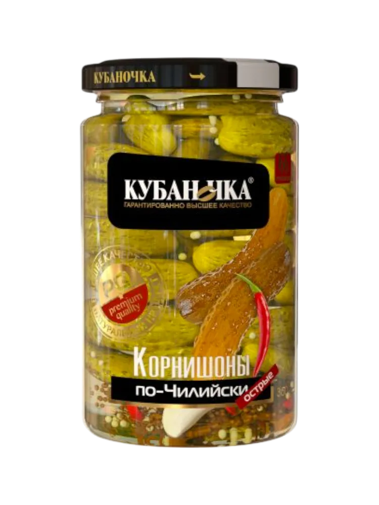 КОРНИШОНЫ КУБАНОЧКА ПО-ЧИЛИЙСКИЙ МАРИНОВАННЫЕ 360МЛ СТ/Б 
