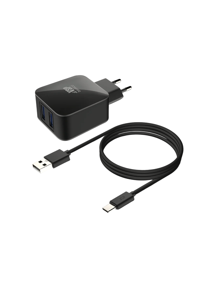 Сетевое зарядное устройство 2USB, 3A + Дата-кабель Type-C, 1м, черное, Borasco
