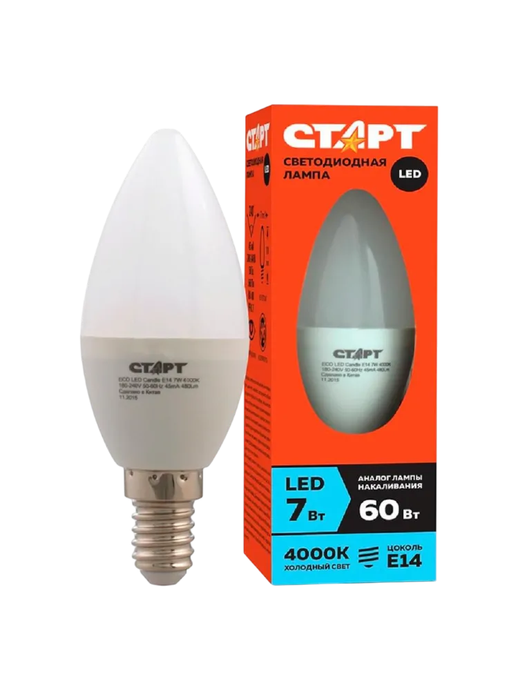ЛАМПОЧКА СТАРТ LED E14 7W 40 1ШТ ХОЛ СВЕЧКА
