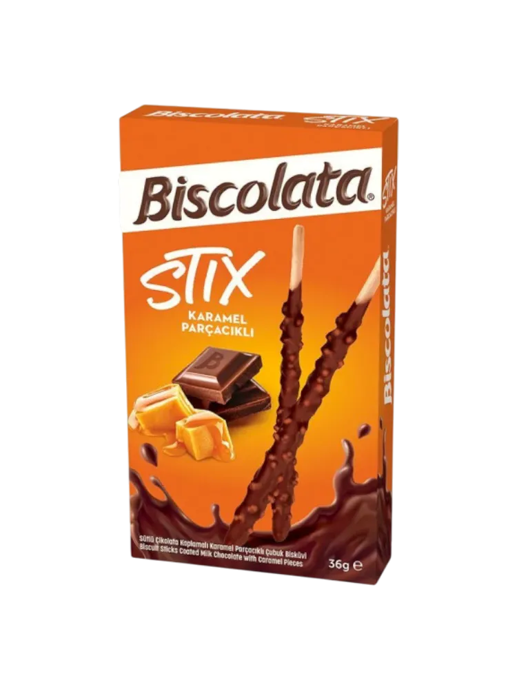 ПЕЧЕНЬЕ BISCOLATA STIX 36Г ПОКРЫТЫЕ МОЛОЧНЫМ ШОКОЛАДОМ И КАРАМЕЛЬЮ