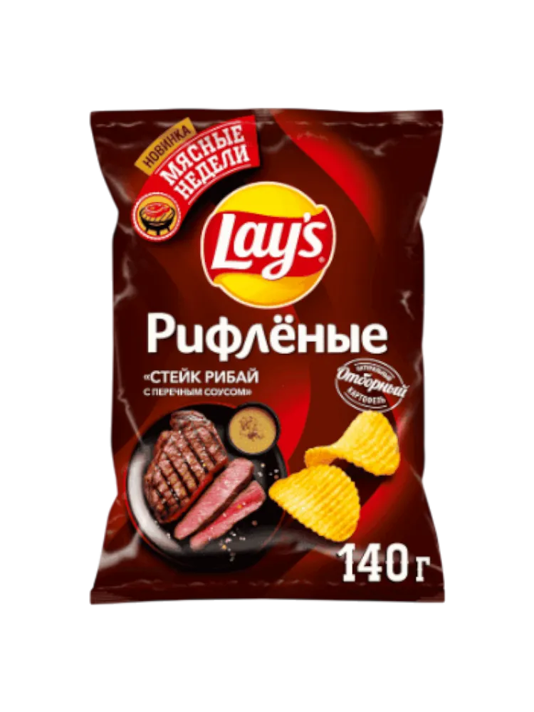 ЧИПСЫ LAYS 140Г РИФЛ СТЕЙК РИБАЙ ПЕРЕЧ СОУС - фото 1