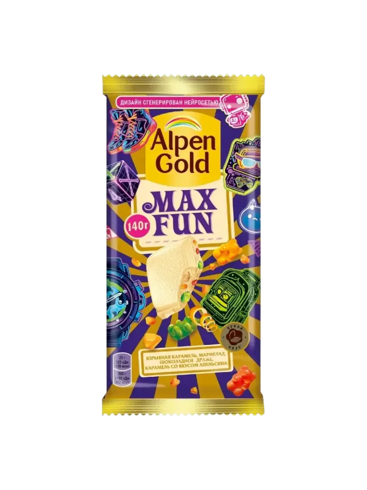 ШОК ALPEN GOLD 140Г MAX FUN БЕЛ КАРАМЕЛЬ ДРАЖЕ МАРМ/АПЕЛЬСИН