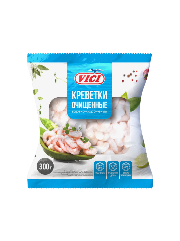 КРЕВЕТКИ VICI ОЧИЩЕННЫЕ 300ГР 200/300 ДУША ОКЕАНА ЗАМОРОЖ