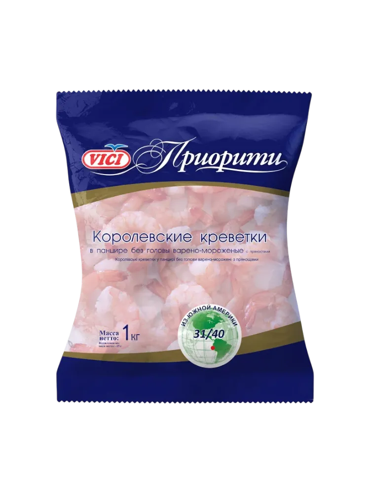 КРЕВЕТКИ VICI 1КГ КОРОЛЕВСКИЕ В ПАНЦИРЕ Б/ГОЛОВЫ 31/40