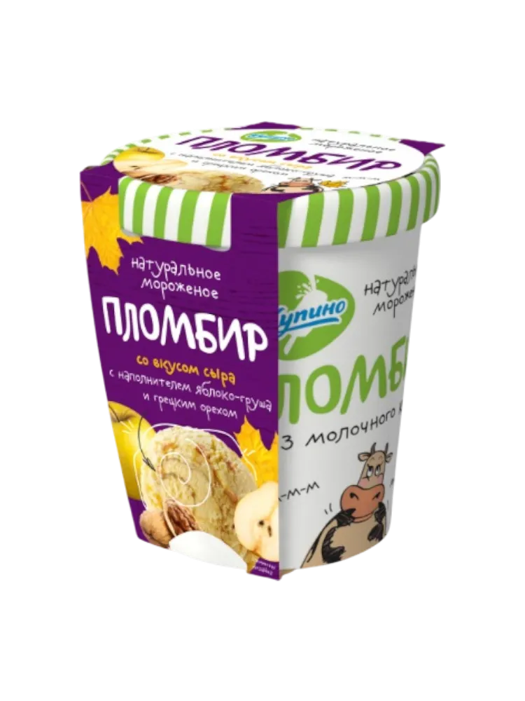 МОРОЖЕНОЕ КУПИНО ПЛОМБИР СО ВКУСОМ СЫРА С НАПОЛНИТЕЛЕМ ЯБЛОКО/ГРУША/ГРЕЦ ОРЕХ 270Г ВЕДРО