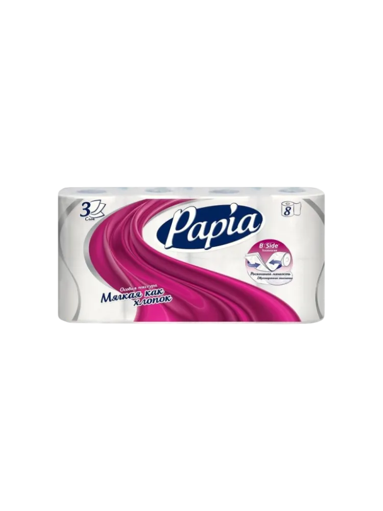 ТУАЛЕТ БУМАГА PAPIA 3-Х СЛ 8РУЛ WHITE