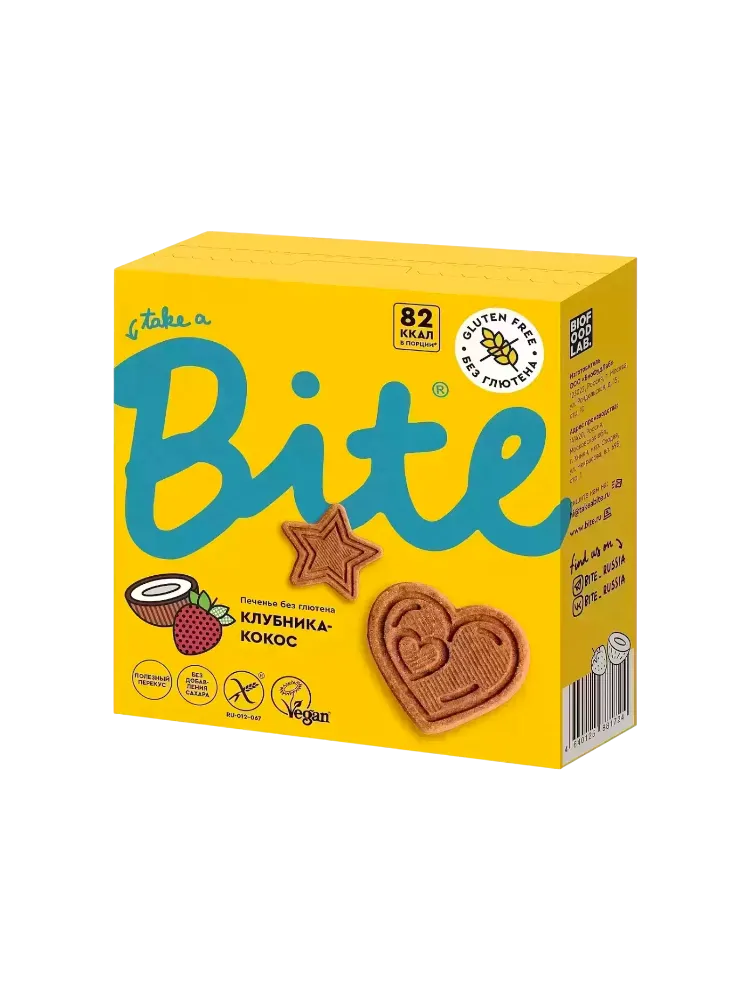 ПЕЧЕНЬЕ BITE КЛУБНИКА-КОКОС КОРОБКА 115Г(10)