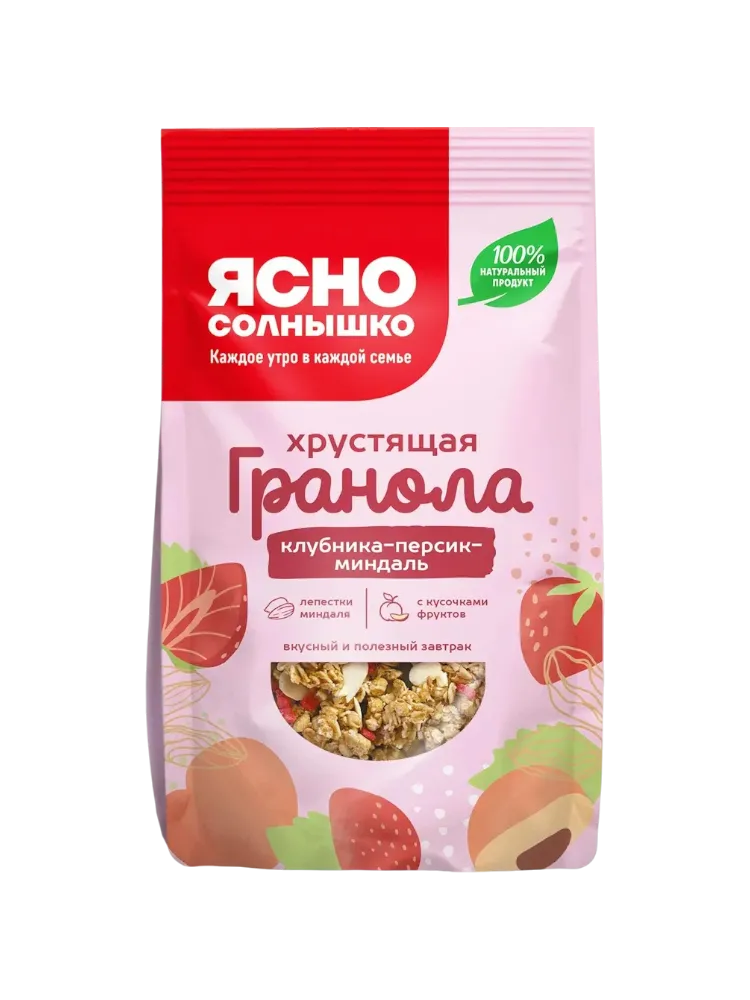 ГРАНОЛА ЯСНО СОЛНЫШКО 250Г ХРУСТЯЩАЯ КЛУБНИКА/ПЕРСИК/МИНДАЛЬ