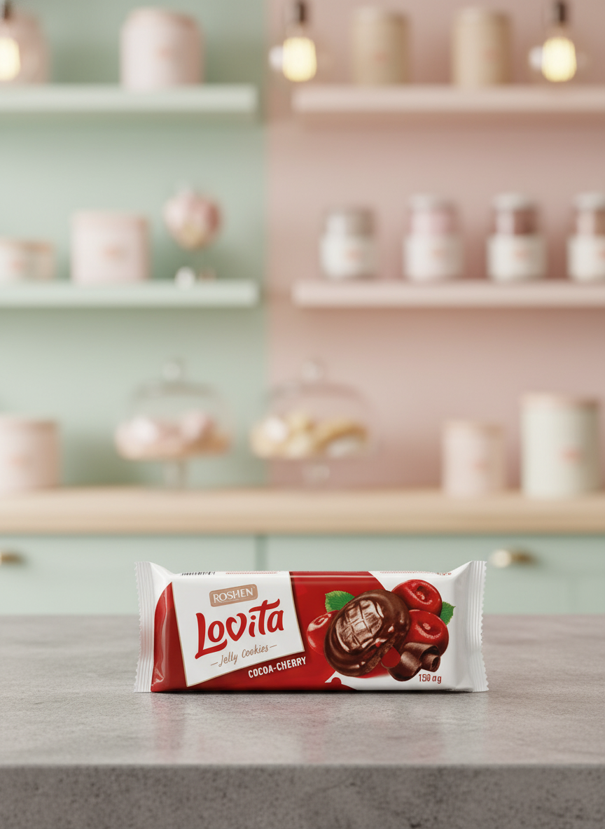Сдобное печенье Lovita Jelly Cookies c желейной начинкой какао + вишня 135г - фото 1
