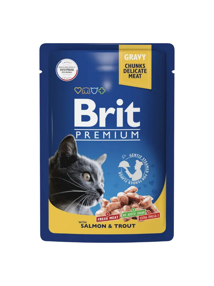 КОРМ Д/КОШЕК BRIT 85Г PREMIUM ЛОСОСЬ/ФОРЕЛЬ В СОУСЕ - фото 1
