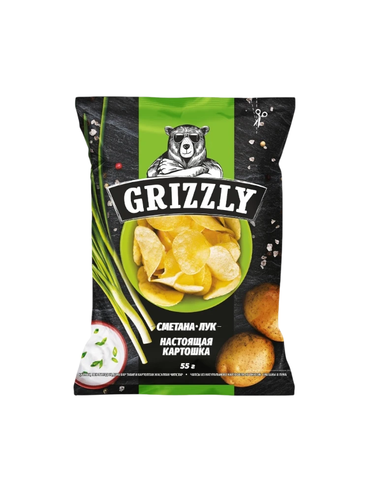 ЧИПСЫ GRIZZLY НАТУРАЛЬНЫЕ СМЕТАНА С ЛУКОМ 110 ГР 