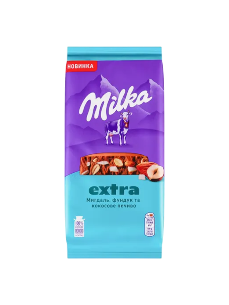 ШОК МОЛОЧНЫЙ MILKA 130Г EXTRA ЛЕС ОРЕХ/МИНДАЛЬ/КОКОС БИСКВИТ - фото 1